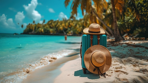 Vista panorámica de la costa con maletas con sombrero de paja en la playa de arena