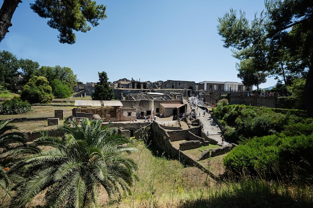 Vista panorâmica da antiga cidade de Pompeia com casas e ruas A cidade romana morreu da erupção do Monte Vesúvio Nápoles Itália