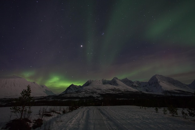 Vista panorâmica da aurora boreal sobre os Alpes de Lyngen