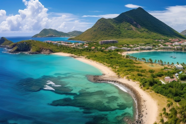 Vista Panorâmica da Cênica Ilha Caribenha de Saint Martin com Lagoa de Praia Turquesa e Verde