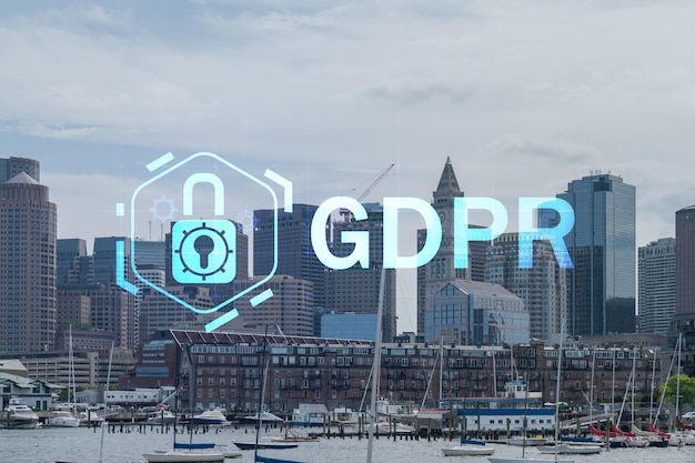 Vista panorâmica da cidade do porto de Boston durante o dia Massachusetts Exteriores de edifícios do centro financeiro O holograma GDPR é um regulamento de proteção de dados e privacidade para todos os indivíduos dentro da área da UE