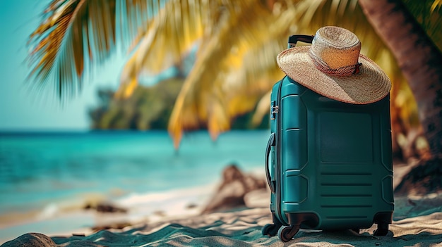 Foto vista panorâmica da costa com malas com chapéu de palha na praia de areia