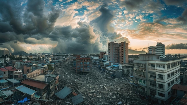 Vista panorâmica da destruição urbana após um desastre Paisagem dramática de nuvens sobre a paisagem urbana demolida