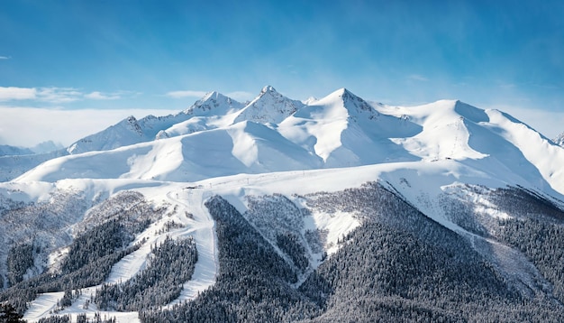 Vista panorâmica da estância de esqui. Dia ensolarado nas montanhas