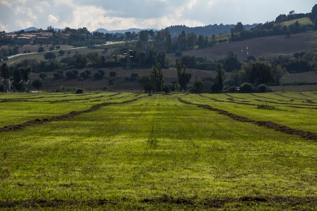 Foto vista panorâmica da fazenda contra o céu