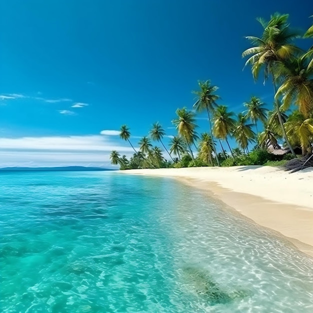 Vista panorâmica da ilha tropical com palmeiras e IA geradora de praia