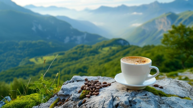 Vista panorâmica da montanha com café fresco no Rocky Outlook Over Lush Valley Nature Escape