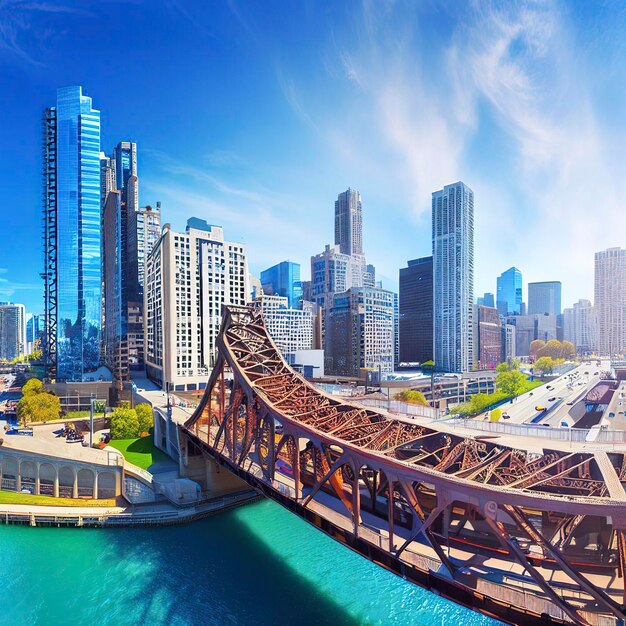 Vista panorâmica da ponte do centro de chicago e da construção dos eua