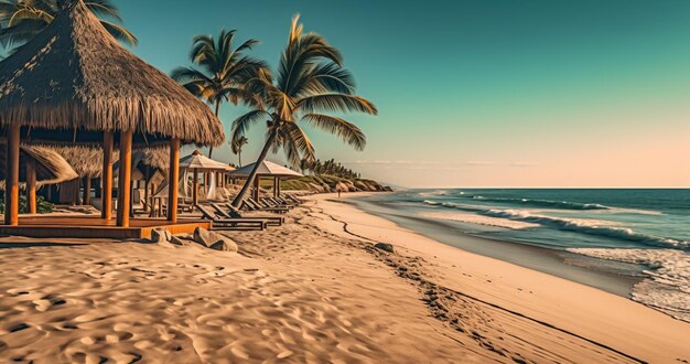 Vista panorâmica da praia com palmeiras e bungalow perto do oceano