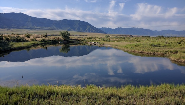 Vista panorâmica da reflexão do céu no lago com montanhas ao fundo