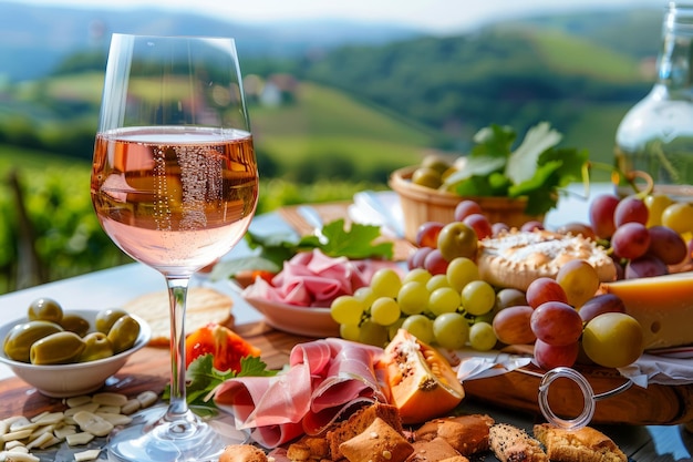 Vista panorâmica da vinha com piquenique gourmet com vinho rosa, carnes delicadas, uvas frescas