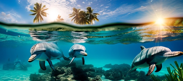 vista panorâmica da vista subaquática de um grupo de golfinhos cinzentos nadando em uma praia do Caribe ao pôr do sol