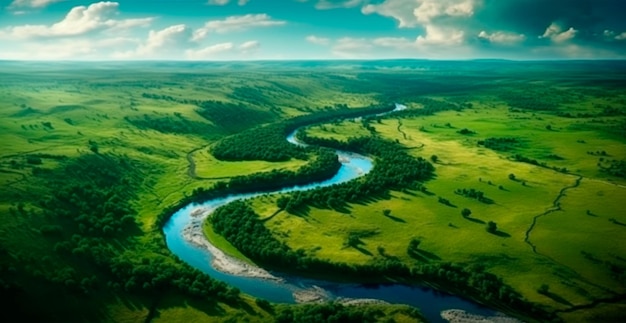 Vista panorâmica de cima de um rio sinuoso cercado por floresta densa e campos espaçosos com grama verde imagem gerada por IA