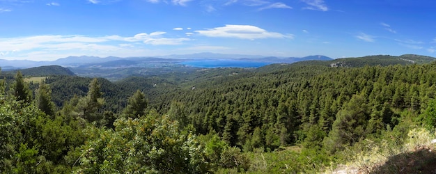 Foto vista panorâmica de cima nas florestas e serpentina da ilha evia com o mar na grécia