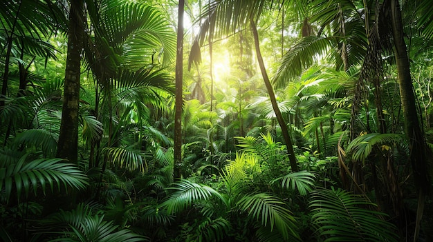 Vista panorâmica de floresta densa com palmeiras e lianas Generative Ai