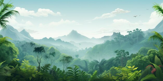 Foto vista panorâmica de floresta tropical nebulosa com montanhas no horizonte paisagem serena