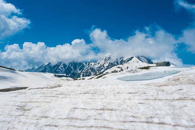 Vista panorâmica de montanhas cobertas de neve contra o céu