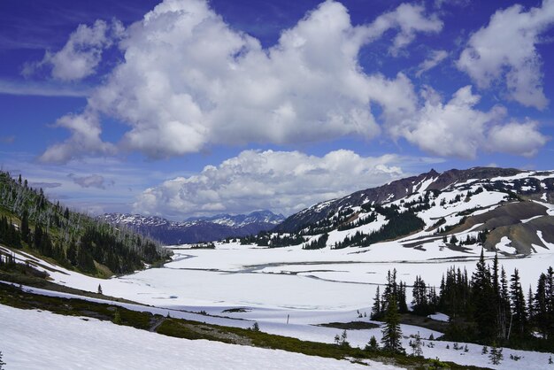 Foto vista panorâmica de montanhas cobertas de neve contra o céu