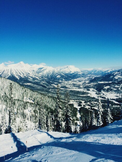 Foto vista panorâmica de montanhas cobertas de neve contra um céu azul claro