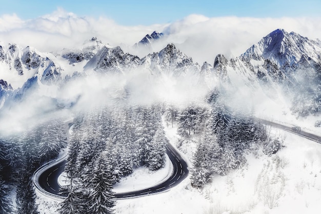 Vista panorâmica de montanhas e árvores cobertas de neve