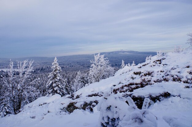 Vista panorâmica de paisagem coberta de neve contra o céu