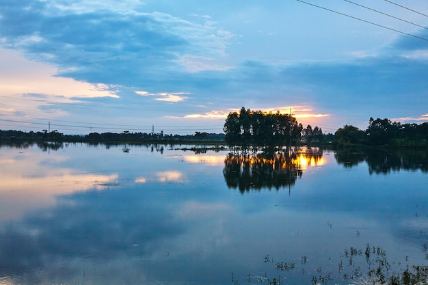 Vista panorâmica de silhuetas de árvores refletidas no lago contra o céu durante o pôr-do-sol
