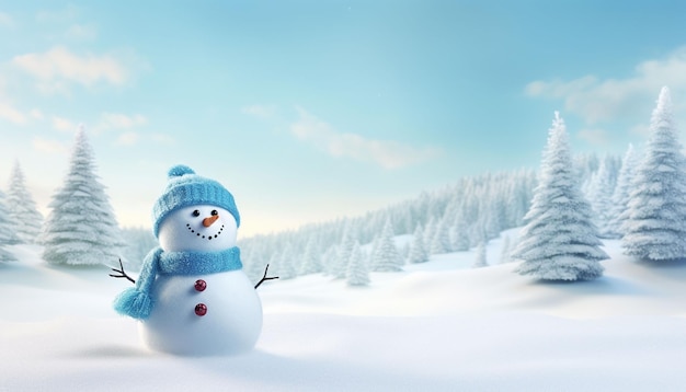 vista panorâmica de um boneco de neve feliz no inverno