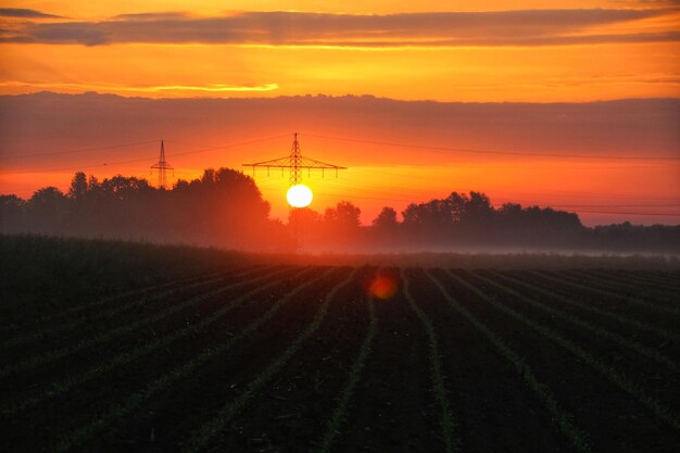 Foto vista panorâmica de um campo agrícola contra o céu durante o pôr-do-sol