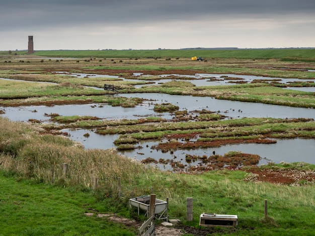 Vista panorâmica de um campo ao lado de um lago contra o céu