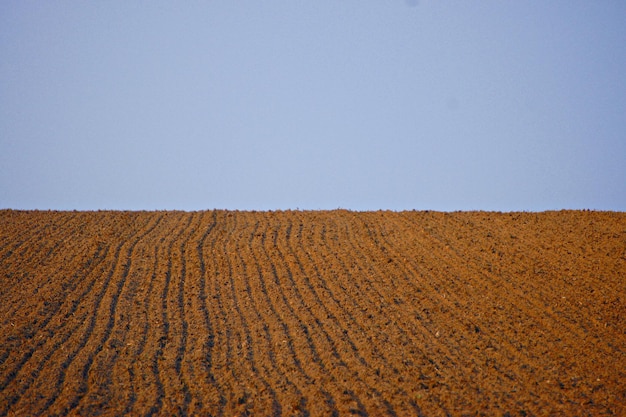 Vista panorâmica de um campo arado contra o céu azul