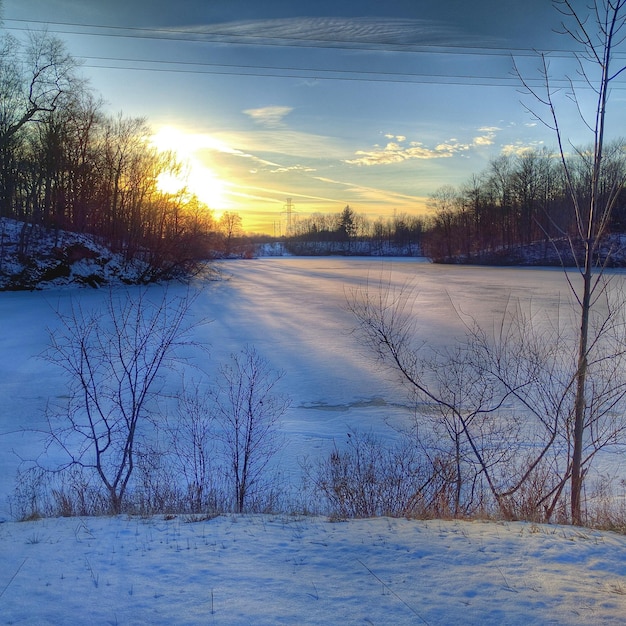 Foto vista panorâmica de um campo coberto de neve ao pôr-do-sol