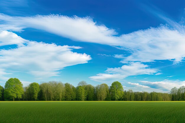 Vista panorâmica de um campo de grama e árvores sob a luz solar e um céu nublado