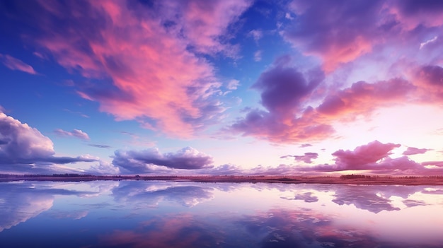 vista panorâmica de um céu rosa e roxo ao pôr do sol