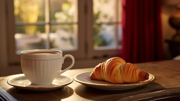 Vista panorâmica de um delicioso croissant e uma xícara aromática de café em uma mesa de café urbana ao ar livre