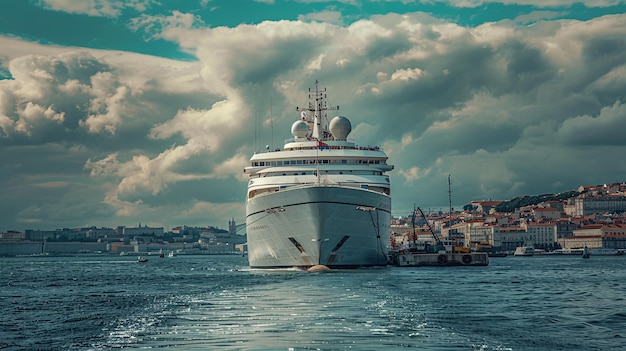 Vista panorâmica de um grande navio de cruzeiro no porto de Lisboa visto do ponto de observação de Alfama