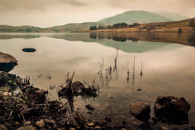 Vista panorâmica de um lago calmo contra um céu nublado