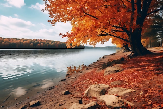 Vista panorâmica de um lago com cores de outono na costa