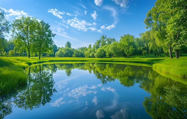 Vista panorâmica de um lago na primavera com o reflexo das nuvens