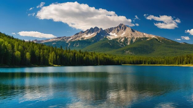 Vista panorâmica de um lago tranquilo com montanhas e florestas