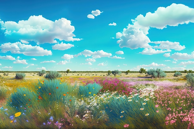 Vista panorâmica de um prado colorido de primavera repleto de flores contra um céu azul e nuvens brancas