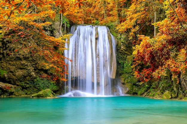 Foto vista panorâmica de uma cachoeira na floresta durante o outono