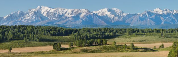 Vista panorâmica de uma cordilheira coberta de neve em um dia de verão