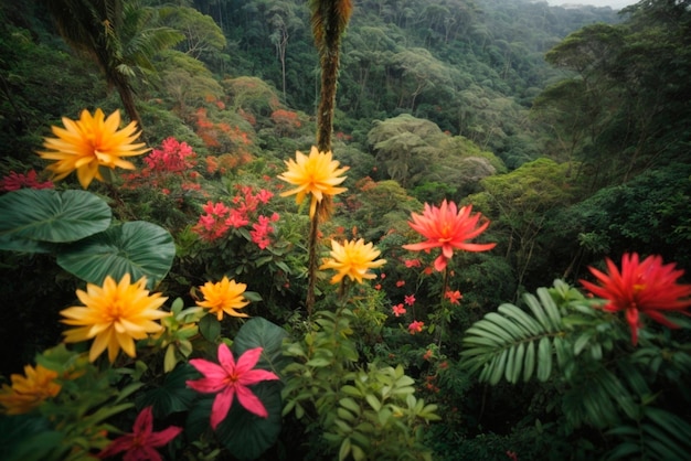 Vista panorâmica de uma densa floresta tropical com uma variedade de flores exóticas em floração