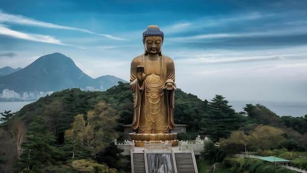 Foto vista panorâmica de uma estátua gigante de buda de bronze tirada na ilha de lantau, hong kong, china