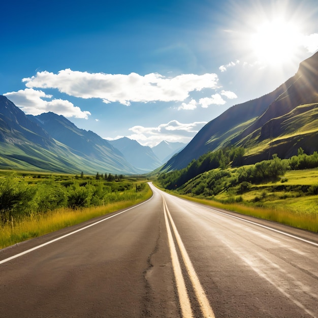 Vista panorâmica de uma estrada de asfalto vazia através de um vale com campos verdes e montanhas à distância
