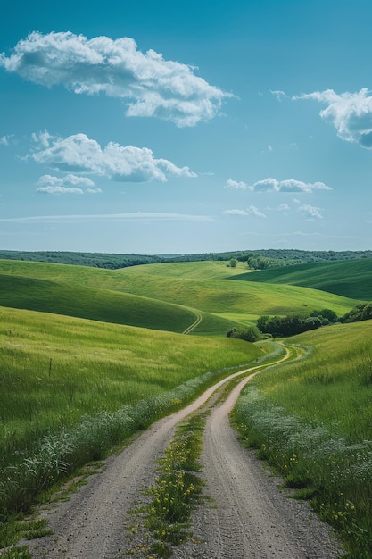 Vista panorâmica de uma estrada rural através de colinas verdes