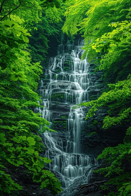 Foto vista panorâmica de uma floresta verde exuberante com cachoeira em cascata natureza tranquila