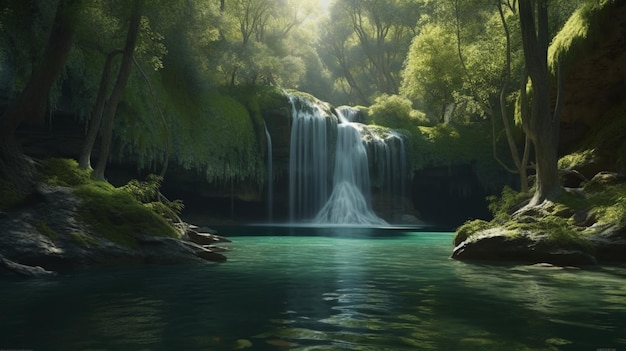 Vista panorâmica de uma majestosa cachoeira profunda na floresta com águas cristalinas