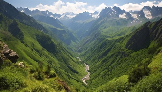 Vista panorâmica de uma majestosa cordilheira em uma área selvagem tranquila gerada por inteligência artificial