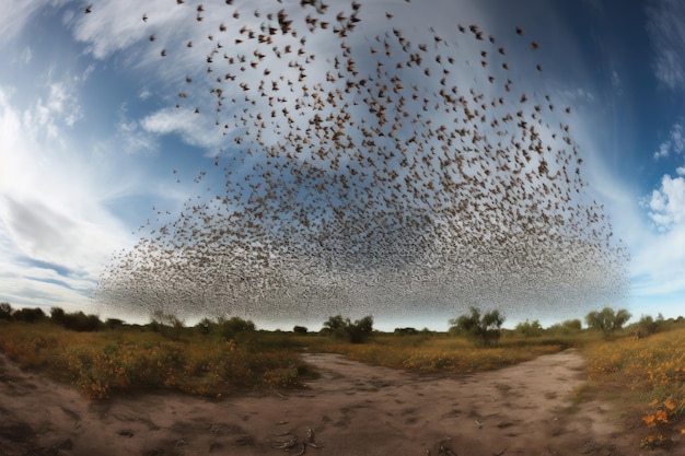 Vista panorâmica de uma migração de borboletas com inúmeras borboletas em voo